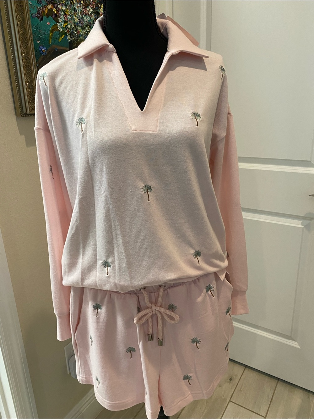 Philosophy Pale Pink Palm-Embroidered Lounge Shorts Set small petite